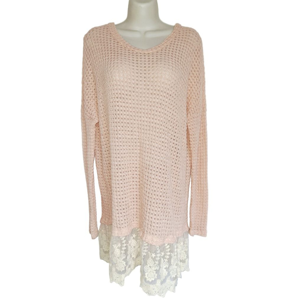 Entro Pink V-Neck Sweater with White Lace Trim, Size M tunic super soft - Picture 2 of 5